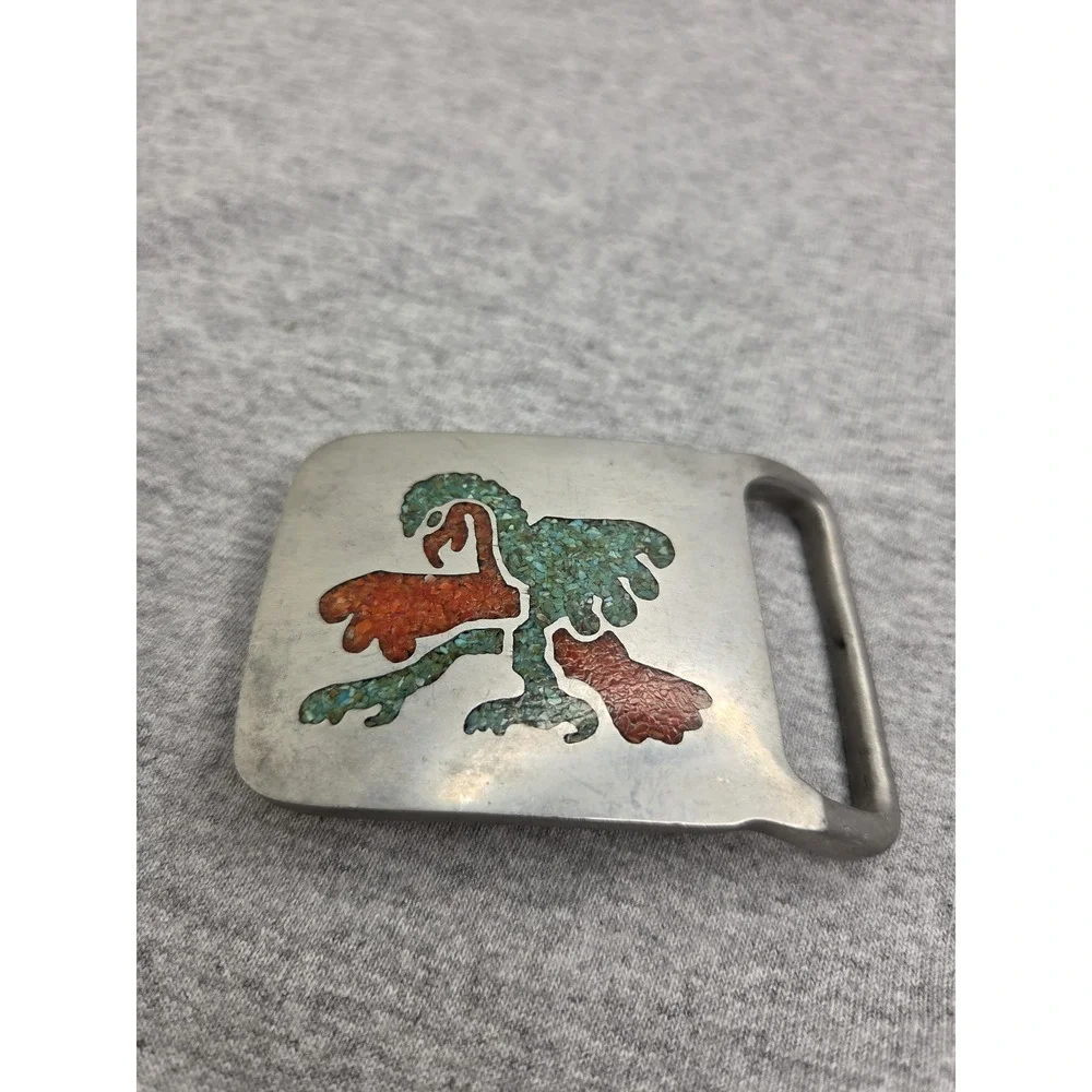 Southwestern Navajo Dancing Eagle Turquoise Coral Inlay Buckle